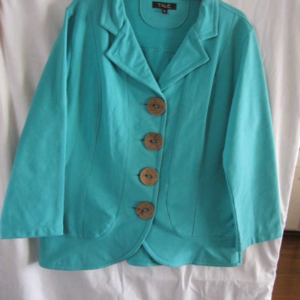 Turquoise jacket - cotton   - unlined - large buttons -  size XL  -